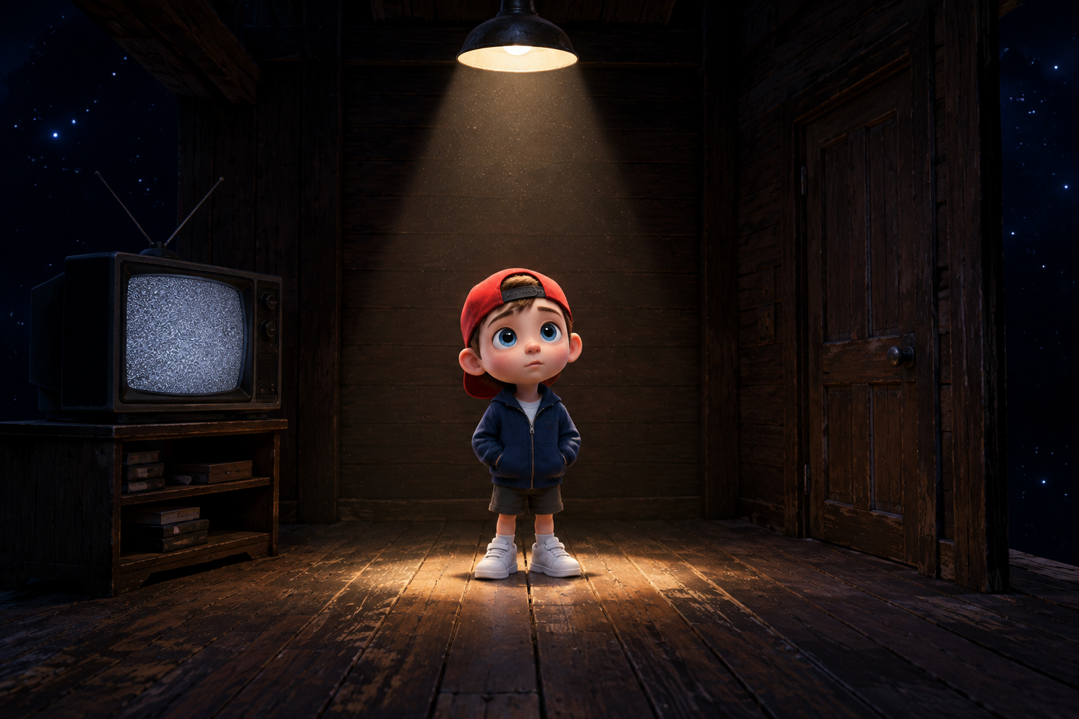 A child in a backwards red cap stands under a spotlight in a dark room