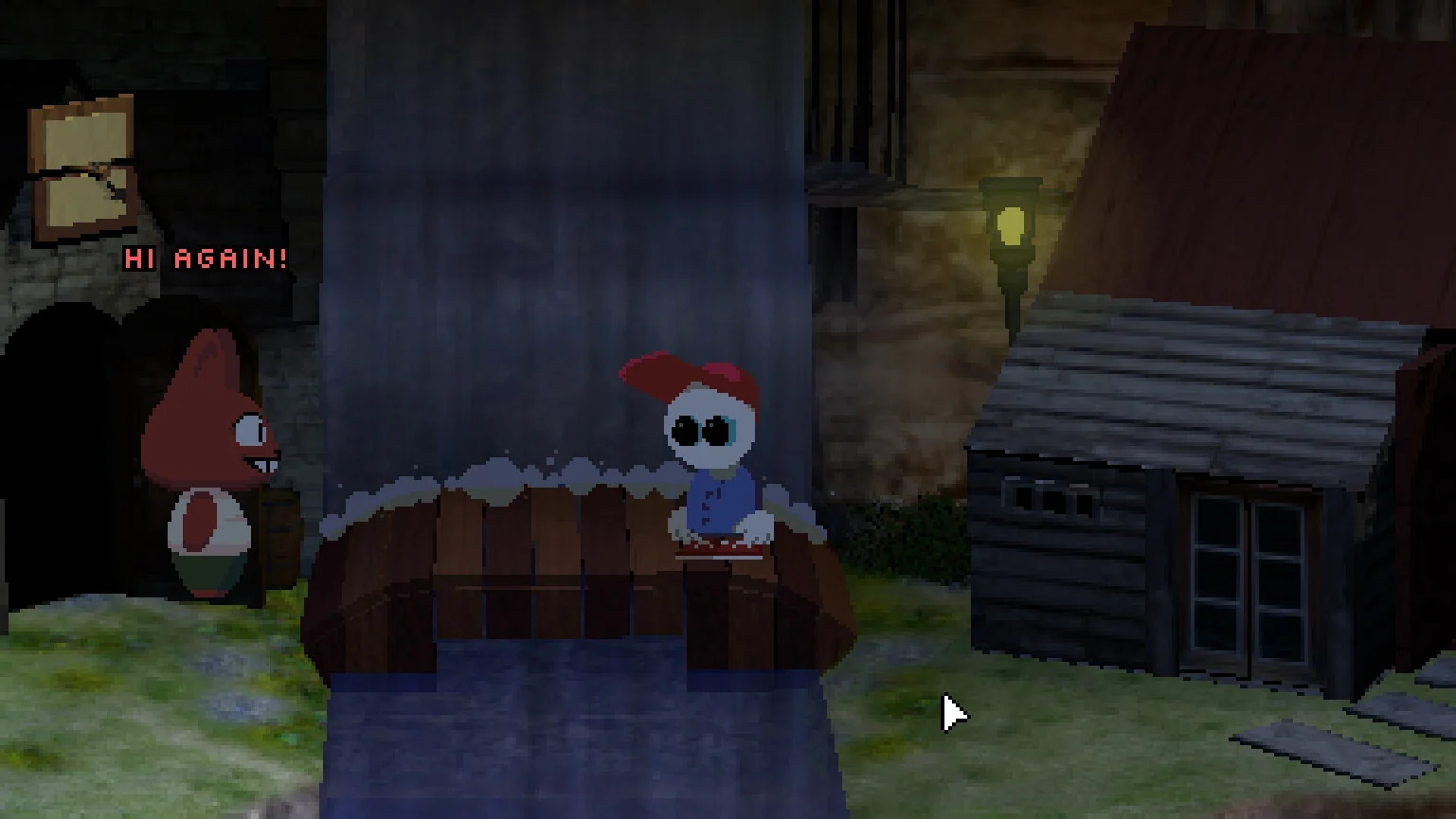 Mellow sits on a barrel in a rainy village while a red character says HI AGAIN