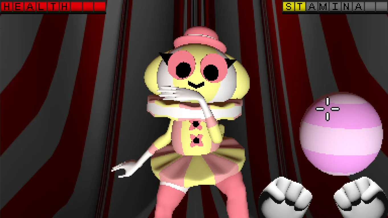 The Trapezist stands in a red circus tent with health and stamina bars on screen