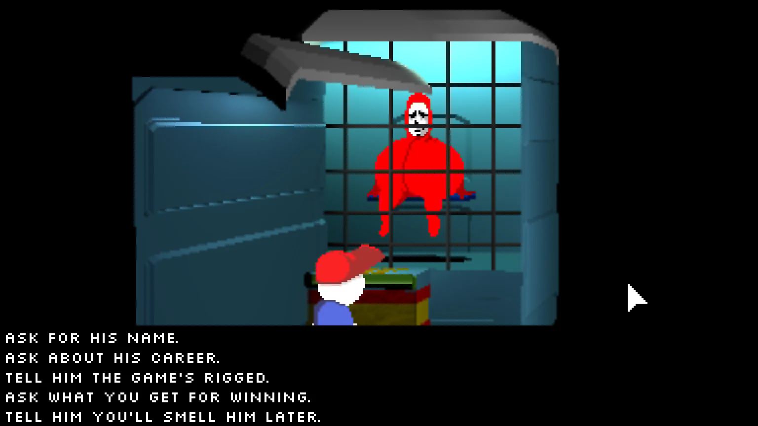 Mellow talks to a red figure behind bars, with dialogue choices on screen