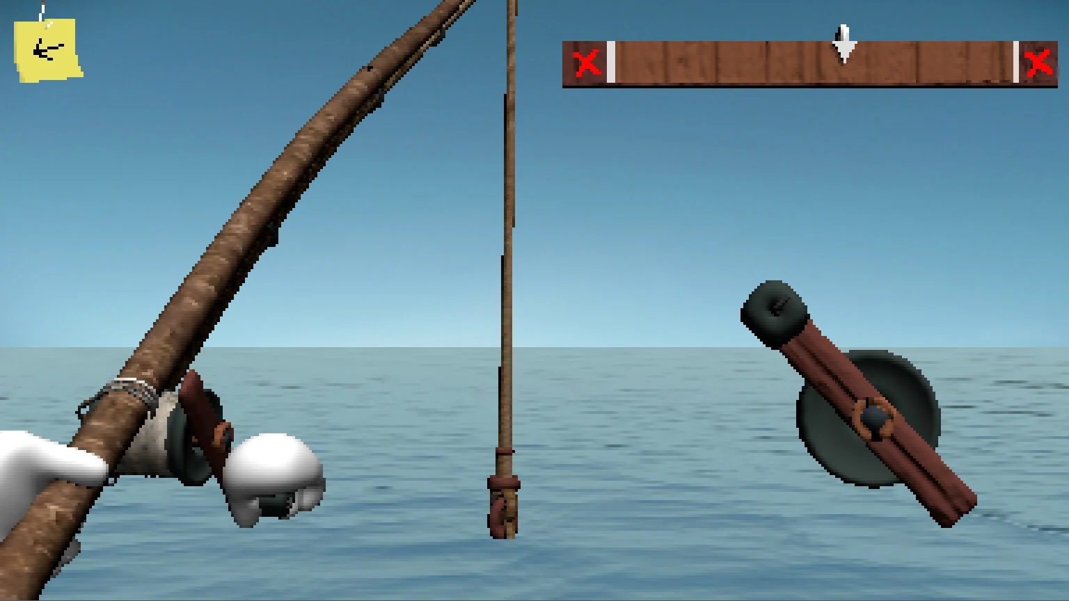 First-person fishing minigame over open water with a timing bar