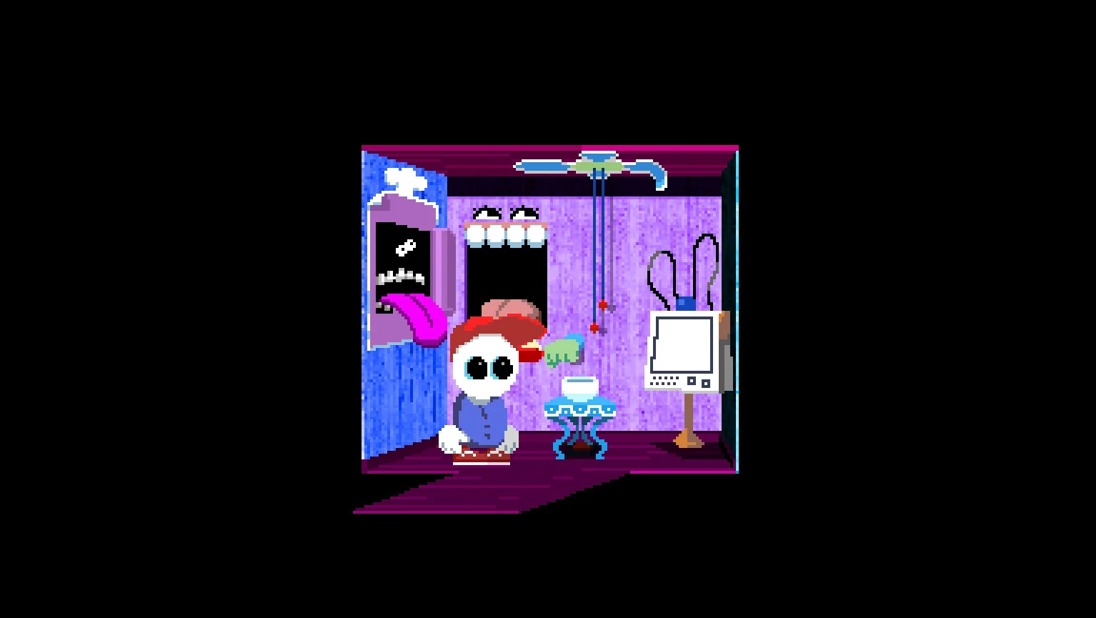 Mellow stands in a small purple bathroom beside a talking fixture and a CRT