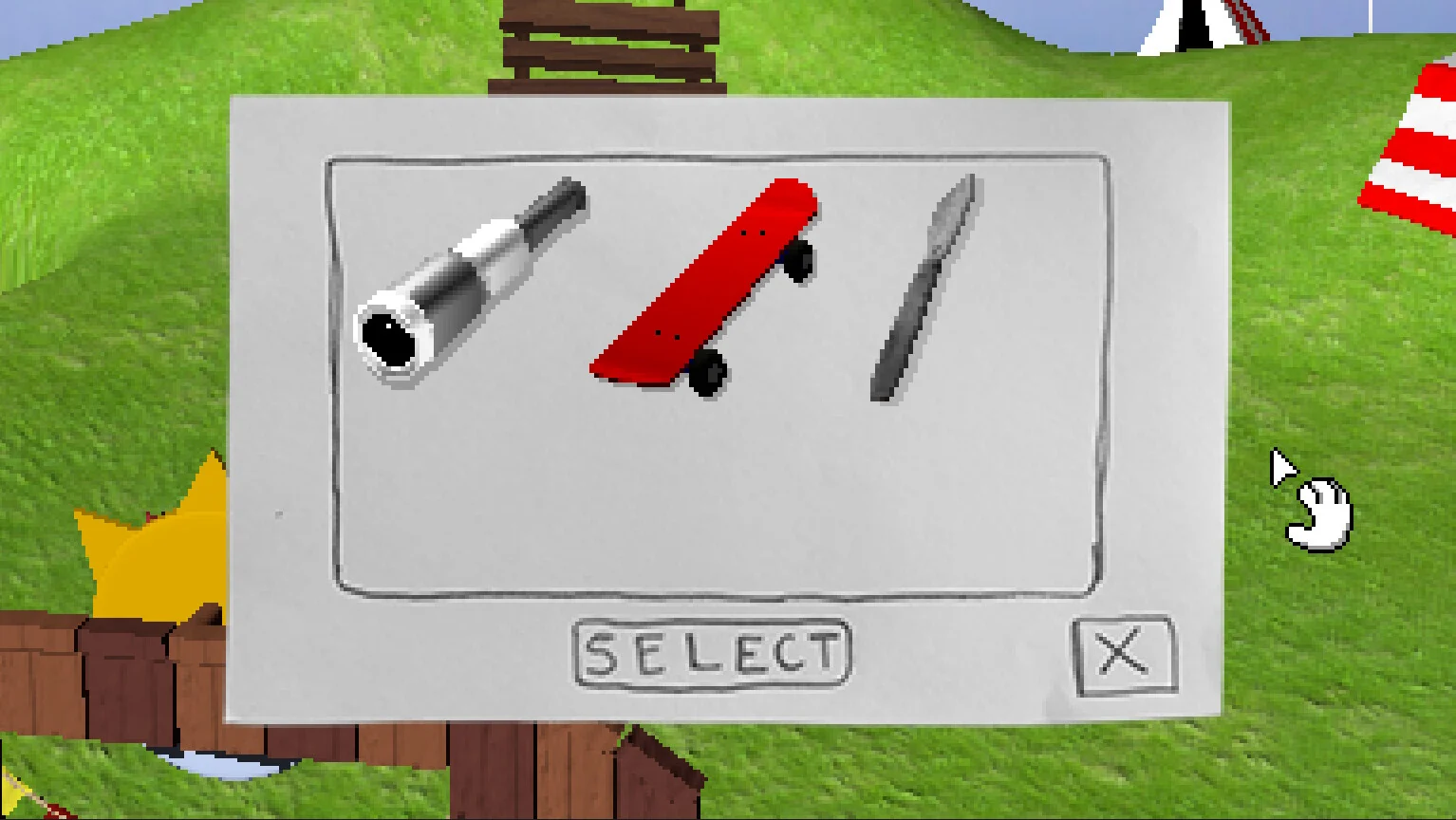 Item select screen showing a flashlight, a red skateboard, and a blade