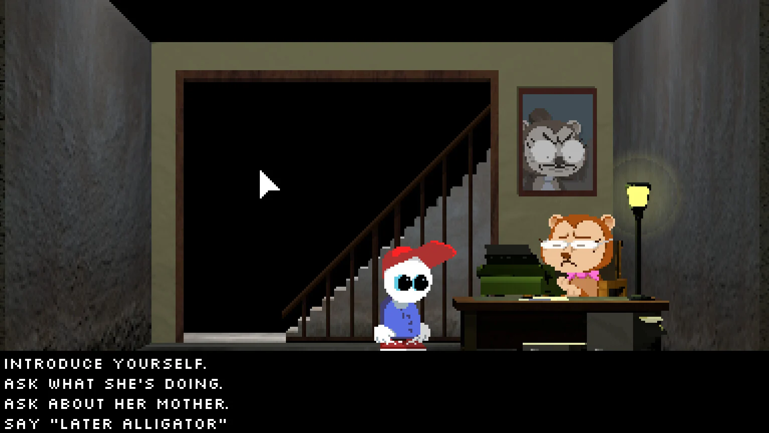Mellow talks with a bear seated at a desk beside a dark staircase