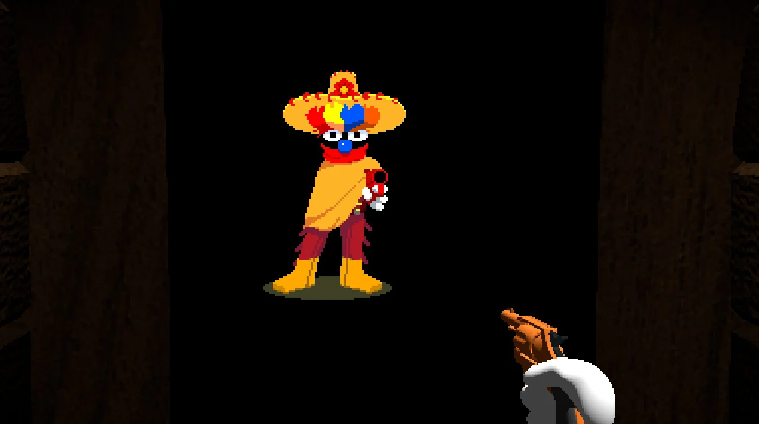 A sombrero-wearing character stands in a dark doorway while a gloved hand points